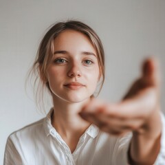 woman giving a supportive pat gesture invisible person beside her neutral backdrop close?up