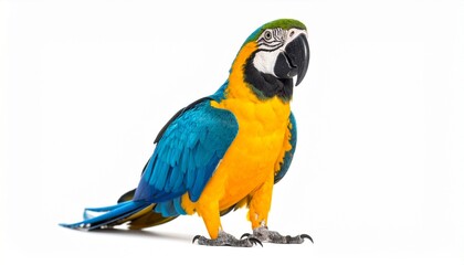 Vivid blue-and-yellow macaw stands proudly on a clean white surface—radiating natural brilliance, exotic poise, and avian elegance.