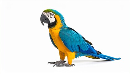 Fototapeta premium Vivid blue-and-yellow macaw stands proudly on a clean white surface—radiating natural brilliance, exotic poise, and avian elegance.