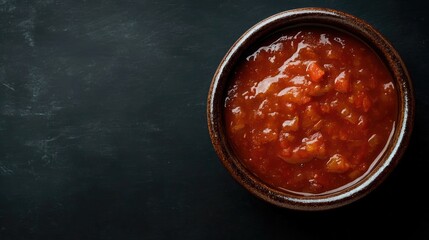 salsa sauce and ingredients. Latin American Mexican Traditional Sauce. Top view. On a black background. Free space for text.
