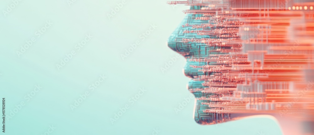 Poster artificial intelligence head with circuit board pattern. neural networks concept. face profile showi