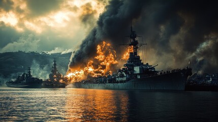 Dramatic naval battle scene with ships engulfed in flames and smoke.