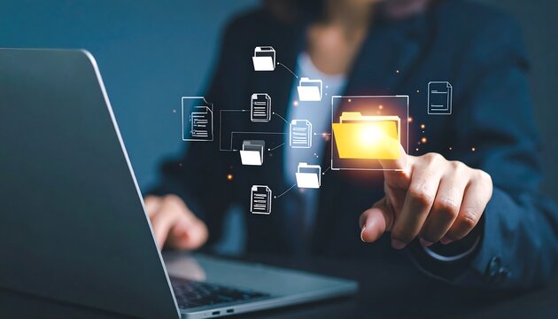 Woman working on a laptop with digital file folders - Powered by Adobe