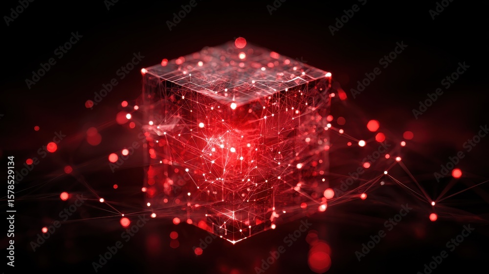 Aufkleber red glowing cube displays dynamic digital network connections. abstract tech image. data storage sys