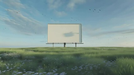 Blank commercial billboard on a grassy field with blue sky, an empty space for a large advertising banner or announcement