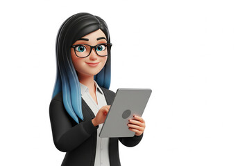 Fototapeta premium Woman holding Tab Gadget Isolated Image, 3d Girl hold Gadget Tablet Image, 3d woman isolated, business, businesswoman, student, beauty, people