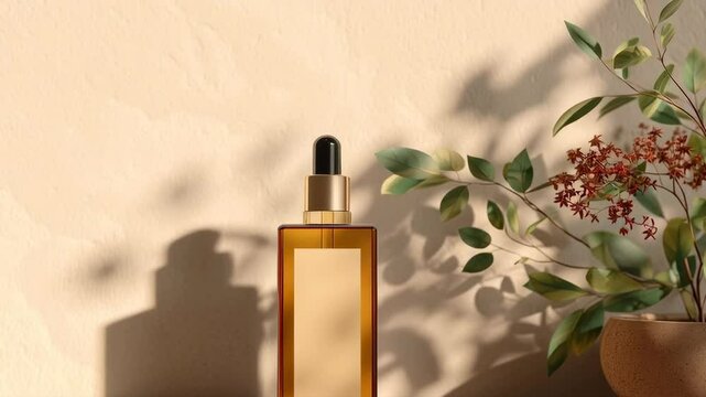 A bottle of perfume is sitting on a table next to a potted plant. The bottle is tall and slender, with a gold cap. The plant is a small green bush with leaves that are reaching out towards the bottle