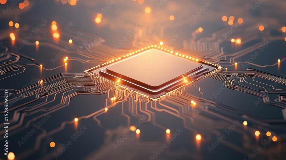 Poster central processor unit close up. glowing orange lights highlight circuits. neural networks technolog