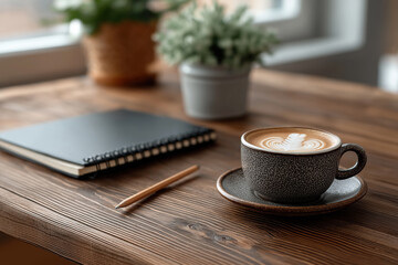 Cup of Coffee With Notebook and Pencil on Wooden Desk