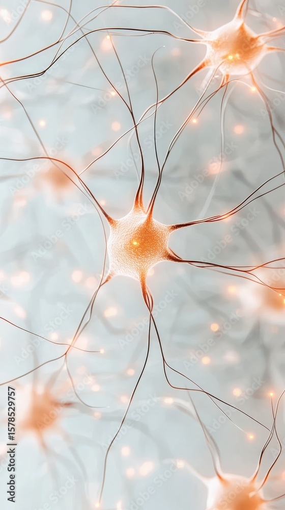 Poster glowing orange nodes with connecting filaments visualize artificial neural networks on subtle light 