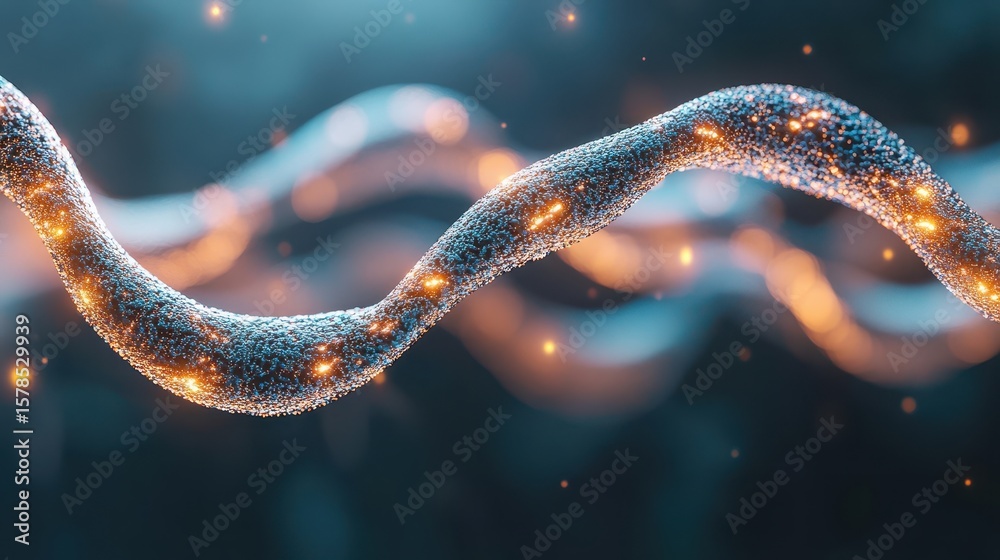 Poster wavy thread structure glowing points network connection digital neural abstract system artificial in