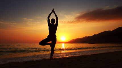 Fitness wellness yoga activity silhouette woman practitioner meditating during peaceful beach sunrise coastal environment moment