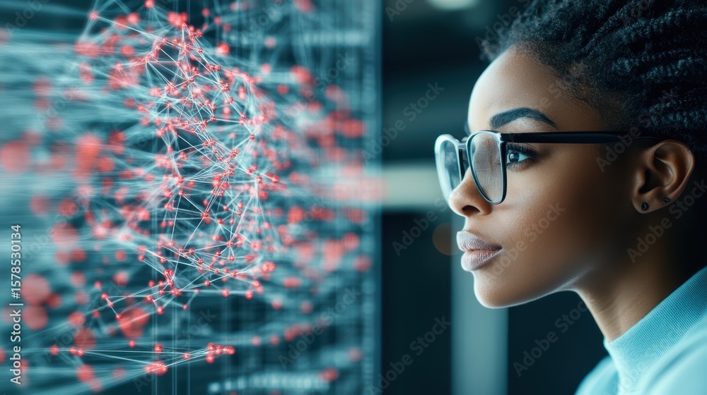 Poster person with glasses looking at connected dots. abstract network visualization. neural nets concept. 