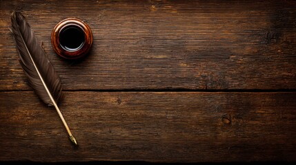 A vintage wooden desk featuring a feather quill and inkwell, illuminated by soft diffused natural light.