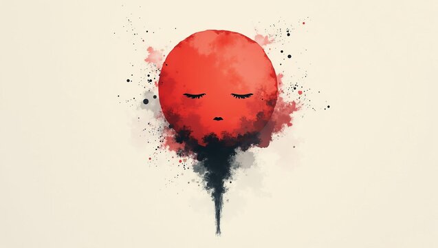 Emotional exhaustion and inner sadness concept represented by a red face with closed eyes and abstract smoke watercolor art