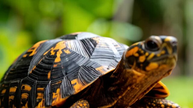 Close-up shot showcasing turtle with black and orange patterned shell and legs against blurred green leaves