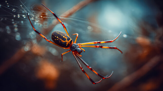 Close-up of a spider on its web with a blurred background