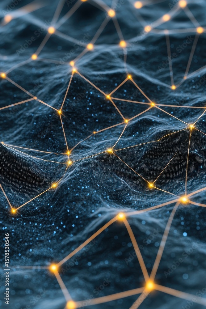 Poster glowing connections form networks across textured surface. neural network concept for science or dat