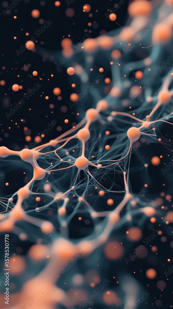 Poster connected spheres with thin lines forming networks. abstract background with small bokeh particles. 