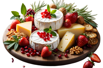 Wooden Board Camembert Cheese Selection Strawberries Pomegranate Seeds Walnuts Crackers Gourmet Food Arrangement isolated on a transparent background
