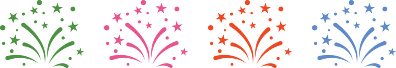 Firework Icon set.Firecracker for Anniversary, New year, Celebrate, Festival. Contains icons of firecracker, sparkler, salute, petard, firework box and more.Flat design on black background.