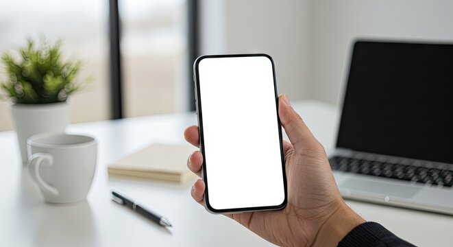 Hand holds phone above workspace with laptop