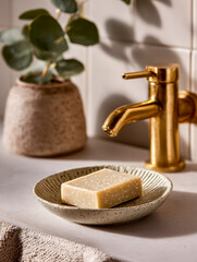 Elegant natural soap on a textured dish with a potted plant and gold faucet in a modern bathroom setting