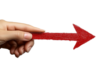 Hand Holding Red Crayon Arrow on Transparent Background