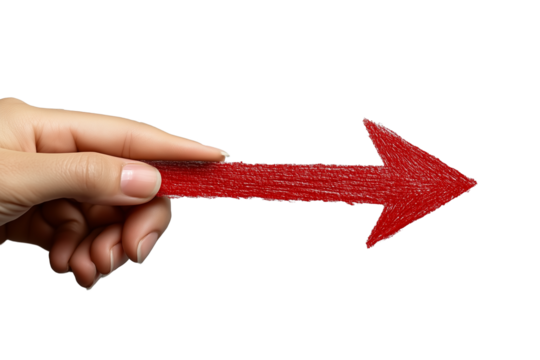 Hand Holding Red Crayon Arrow on Transparent Background