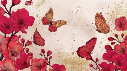 Fototapeta premium Spring season on watercolor background. Line art floral and insect wallpaper with red wild flowers and group of butterflies, golden glitter. Luxury design for banner, cover, decoration, poster., no l