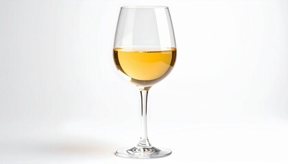 Transparent wine glass with golden white wine and condensation droplets, white studio lighting, high realism and clarity on white background.