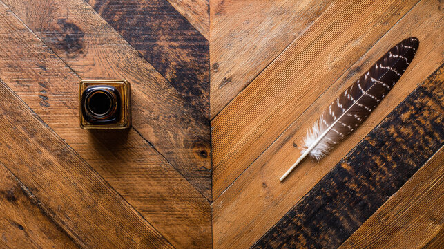 A vintage wooden desk featuring a feather quill and inkwell, illuminated by soft diffused natural light.