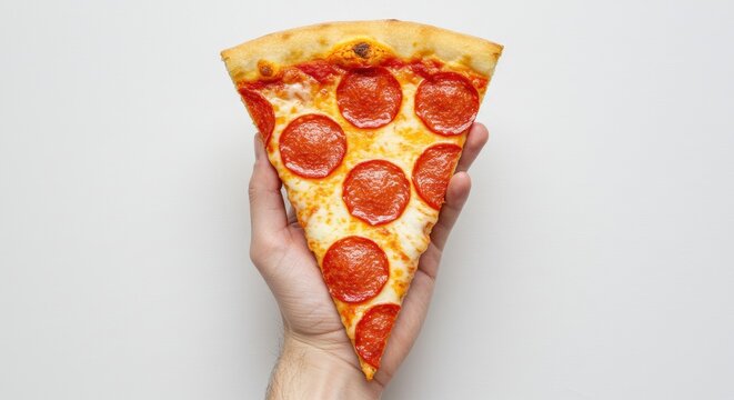 Hand presents a pizza slice
