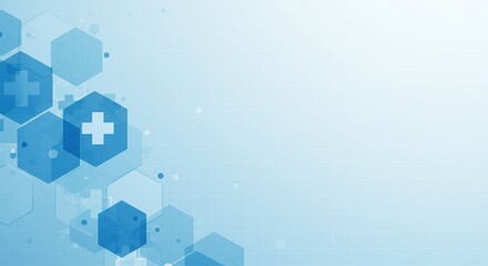 Abstract blue hexagonal pattern with medical cross symbols and bokeh effect
