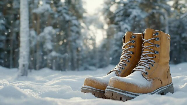 Hiking boots placed on snowy ground during wintertime.