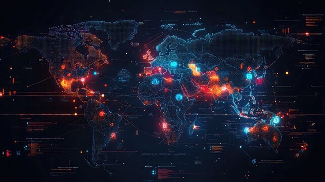 Choropleth map visualization showing AI adoption rates by global region using shaded overlays, data tags, and country-specific analytics in tech UI design