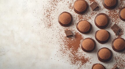 Traditional Cookies with chocolate crumb and cocoa. On a light stone background. Top view.