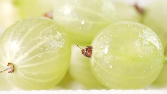 A macro shot of gooseberries with raindrops falling on them. The vibrant green fruit and refreshing droplets create a perfect visual for health, wellness, and nature-related media