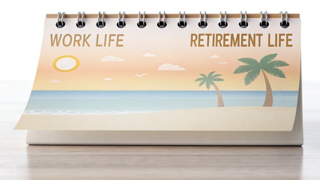 Financial planning for retirement A calendar page contrasts work life with a serene beach scene for retirement. - Powered by Adobe