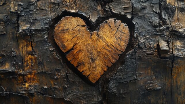 Carved heart shape in dark wood tree bark texture.