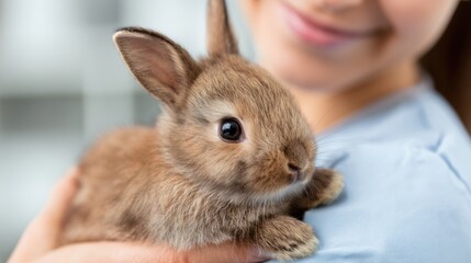 Naklejka premium Cute Rabbit Held by Vet Nurse With a Soft Smile in a Warm and Caring Environment