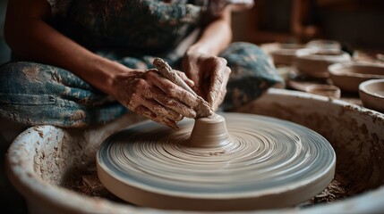 Artisan using a sculpting tool to shape a piece of clay turning on a pottery wheel while sitting in her ceramic workshop , no logos, no brands