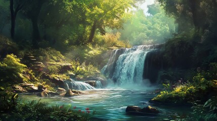 Waterfall flowing through a forest surrounded by lush greenery
