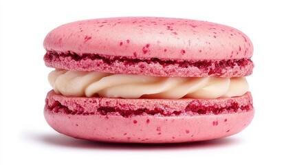 Delicious pink macaron with a creamy filling, isolated on a white background. Perfect for desserts, baking themes, and culinary delights.