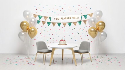 Financial planning for retirement Celebratory setup with balloons, a cake, and a message banner for a festive occasion.