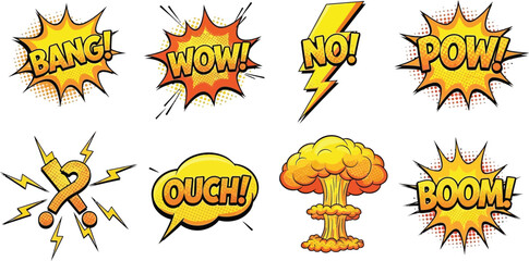Comic speech bubbles vector set, bang wow pow boom ouch no question, cartoon explosion effects graphic