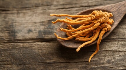 Dried cordyceps mushrooms on a wooden spoon.