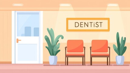 Bright and Clean Dentist Office Waiting Area with Plant Decor and Prominent Sign
