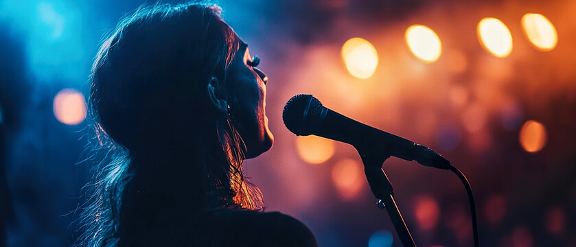 Close-up profile view of female singer on concert stage illuminated by red and blue lights. Strong emotional atmosphere for music promotions.