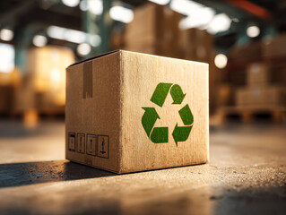 Recyclable cardboard box with recycling symbol in a warehouse setting